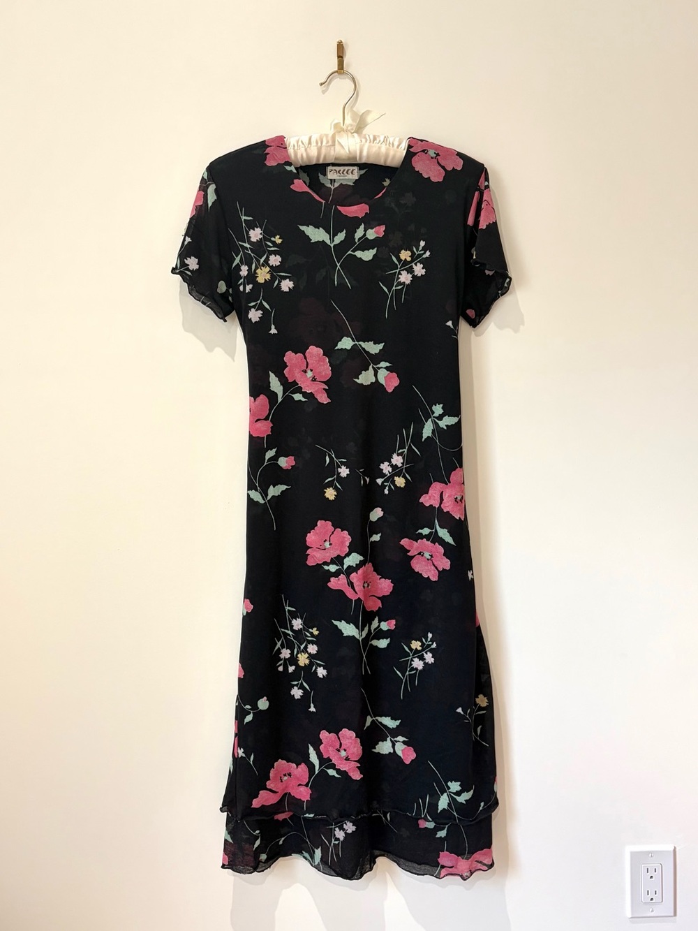 Vintage 90s Black and Pink Floral Midi Dress